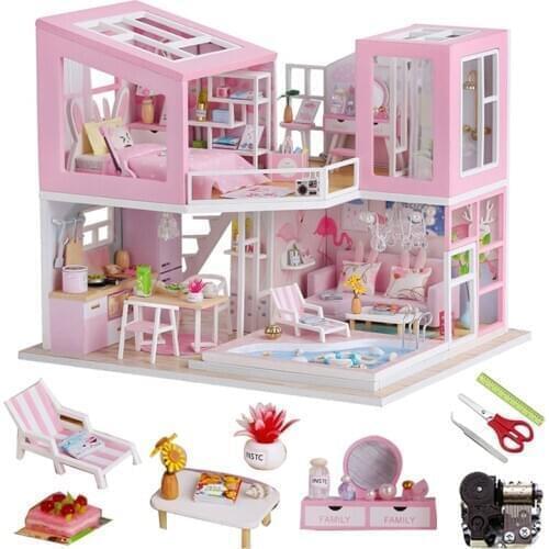 Diy Dollhouse Kit Wooden House Dolls Furniture Miniature Building Kits Pink Villa Doll House For Adult Kids Toys New Years Gift