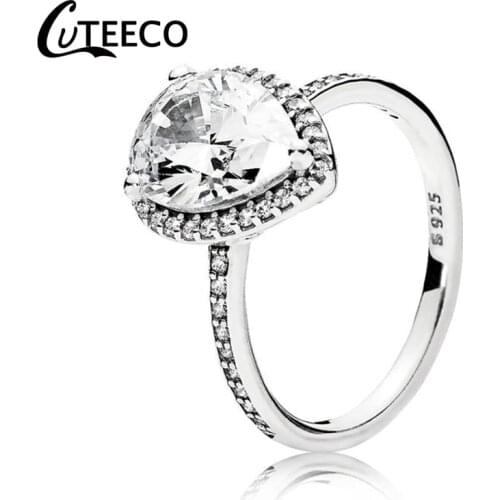 CUTEECO 2019 New Silver Color Heart Big Crystal Wedding Ring for Women Engagement Party Charm Jewelry Valentines Day Gift