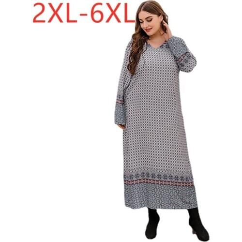 New 2021 Ladies Spring Autumn Plus Size Long Dress For Women Large Long Sleeve Loose Floral Plaid Print Dress 3XL 4XL 5XL 6XL