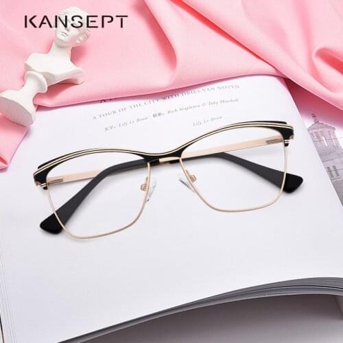 KANSEPT Women Metal Fashion Black Cat Eye Glasses Full Frame Ladies Vintage Myopia Eyewear Prescription Optical Eyeglasses