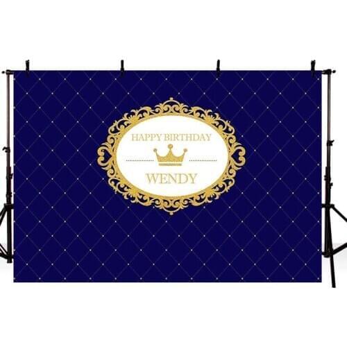 Custom Birthday Royal blue gold crown frame Baby Shower backdrops Vinyl cloth High quality Computer print party background