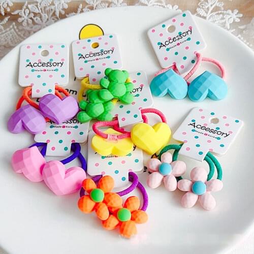 2PCS Girls Kawaii Flower/Bear/Heart-shaped Rubber Bands Headband Elastic Hair Bands Springs Tie Rings Holiday Summer Accessory