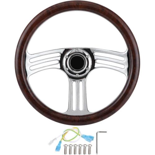 350mm/14in Dark Wood Grip 6-Bolts Chrome 3-Spoke Steering Wheel Vintage Style Car Modified Accessory
