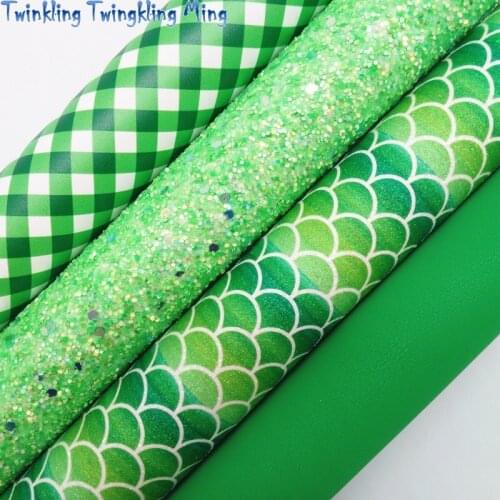Mermaid printed Glitter Leather Fabric ,Plaids Printed Faux Synthetic Leather Fabric For Bow 21x29CM Twinkling Ming KM422
