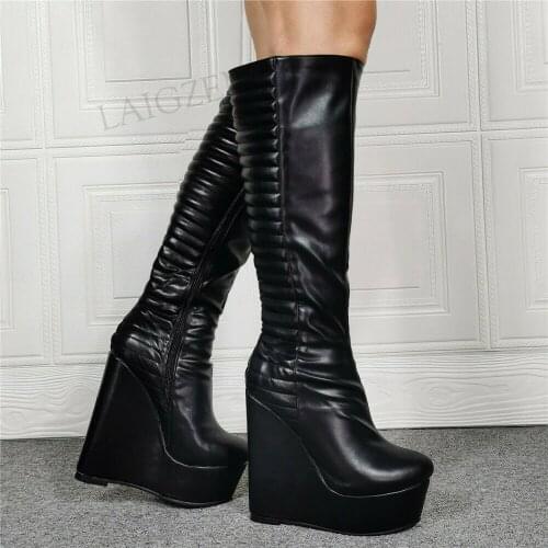 SEIIHEM Women Knee High Boots Wedges Platform Side Full Zip Up Boot Faux Leather Black Bota Female Shoes Woman Big Size 43 46 52
