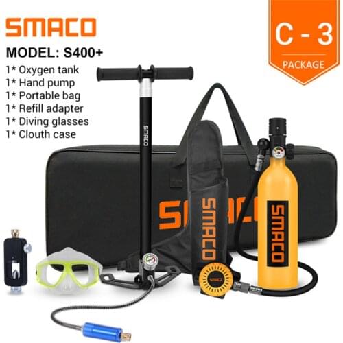 SMACO S400/S400Plus Mini Scuba Diving Tank Equipment, Cylinder with 16 Minutes Capability, 1 Litre Capacity Refillable Design
