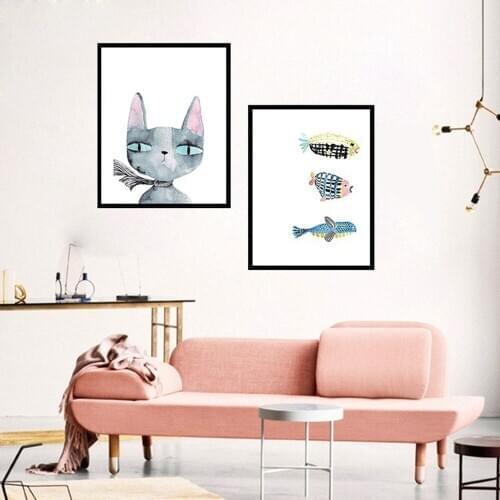 Modern Minimalist Living Room Decoration Painting Nordic Style Small Fresh Watercolor Cat Fish Wall Art Canvas Pictures Mural