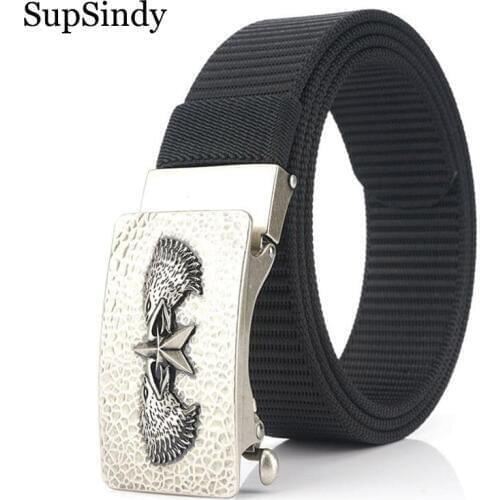 SupSindy Man nylon belt luxury Eagle metal automatic buckle Canvas Belts for men fashion jeans waistband black casual male strap