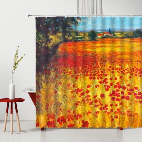 Chinese Style Bathroom Curtains Oil Painting Natural Scenery Red Yellow Flower 3D Printed Waterproof Bath Curtains Set With Hook