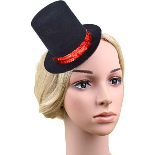 Women Girls Gothic Red Sequin Black Mini Top Hat Hair Clip Hat Base DIY Craft Hair Accessories Carnival Wedding Party Carnival