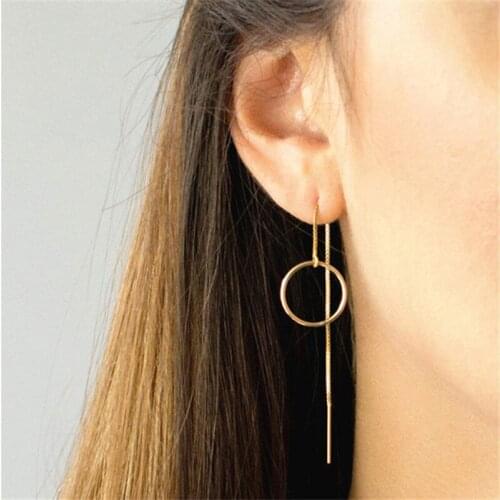 Womens Stainless Steel Circle Threader Earrings, Long Dangle Earrings, Minimalist Threaders Cartilage Geometric Open Circle