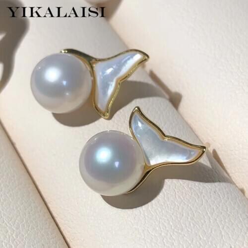 YIKALAISI 925 Sterling Silver Jewelry For Women Fishtail 7-8mm Round Natural Pearl Stud Earrings New Earrings Sale Wholesale