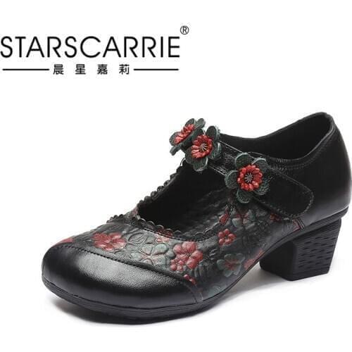 2021 Spring Flower Pure Handmade Womens Single Retro Square Heel National Style Shallow Mouth Shoes Autumn