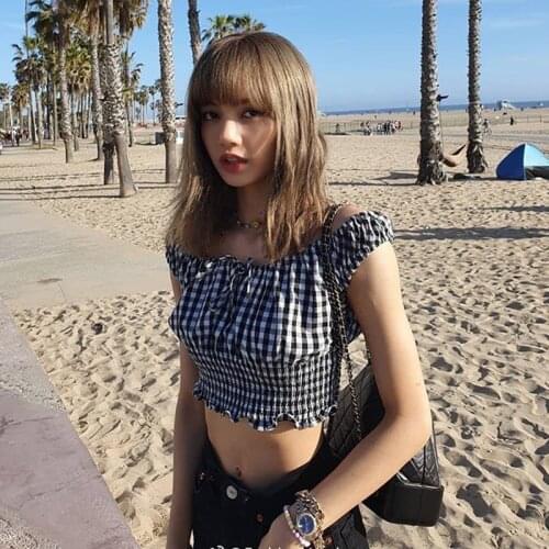 JuneLove Women Summer Off Shoulder Tie Neck Short Top Vintage Sexy Plaid Crop Blouse Lisa Same Wear Elastic Blouse Shirts