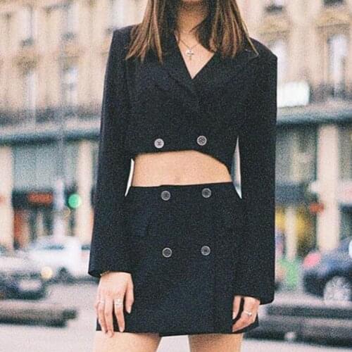 2021 Women Two Piece Set Clothing Suit Long Sleeve Double Breasted Solid Short Blazer Coat+Mini Skirt Casual High Street Suit