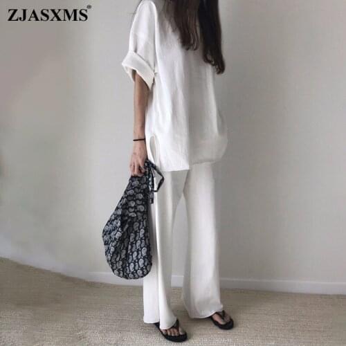 Simple Solid Cotton Two Piece Outfits Women Casual O Neck Half Sleeve T Shirt + Straight Pants Suit New Spring Autumn Office Set