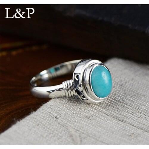 L&P Vintage Real Silver Oval Turquoise Rings For Women Elegant Fashion Natural Stone Ring Fine Jewelry Girls Ladies Gift