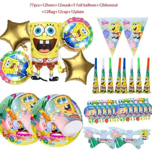 77pcs Sponge-Bob Theme Birthday Party Arrangement Decorative Paper Cup Flag balloon mask Childrens Disposable Party Supplies