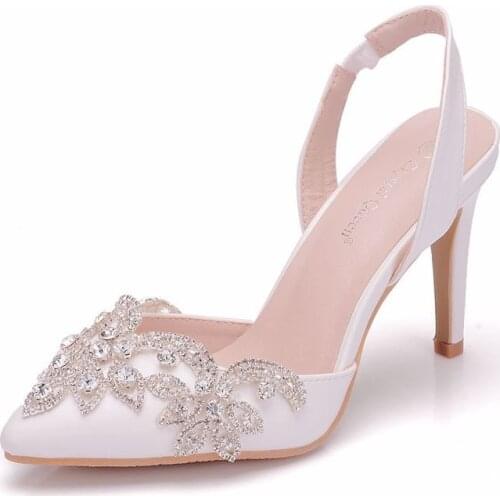 Women sandals wedding Party PU Rhinestones Slip On 9CM Thin High heels Pointed Toe zapatos de mujer women shoes size 35-42 white