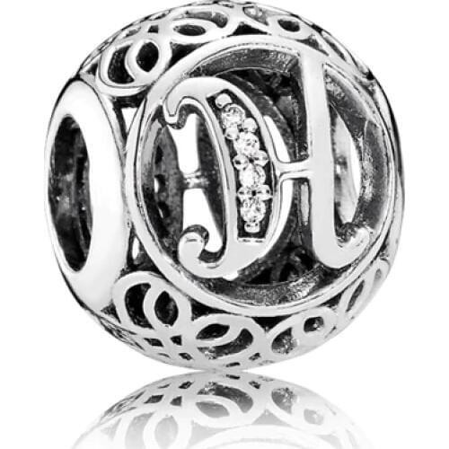 Real 925 Sterling Silver Alphabet beads H with Clear Zircon Charms Beads Fits European Charm Bracelet for Women DIY Jewelry
