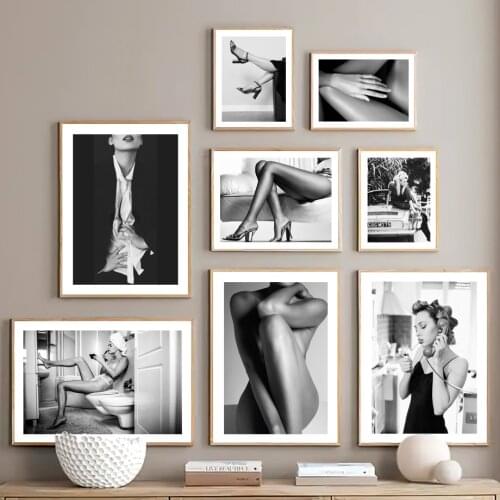 Black White Old Car Girl Photos Naked Model Nordic Posters Prints Vintage Art Canvas Painting Wall Pictures Living Room Decor