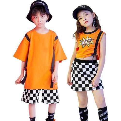 Children Unisex Hip Hop Shirt Grid Skirt & Shorts Suit Girls Dance Class Clothes Boys Streetwear Summer Casual Outfit