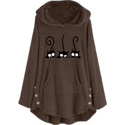 Cardigan Womens Fleece Cat Embroidery Plus Size Warm Oversized Hoodies Top Button Sweater Blouse Autumn/Winter Loose Jumper