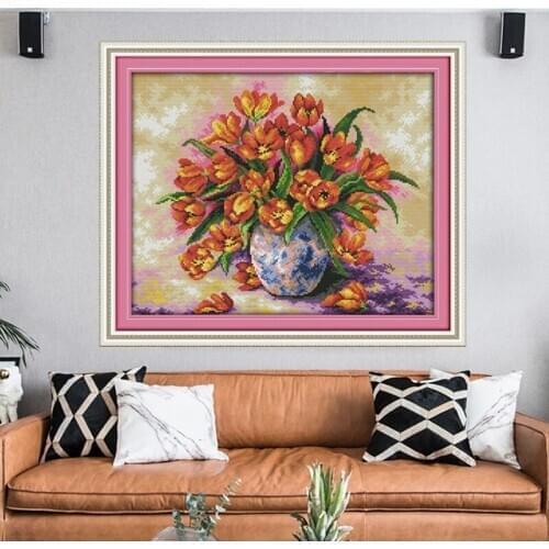 Tulips Oil painting style Canvas Cross Stitch set Home Decore 11CT Fabric 14CT Canvas DMC Embroidery Needlework Cross-stitch Kit