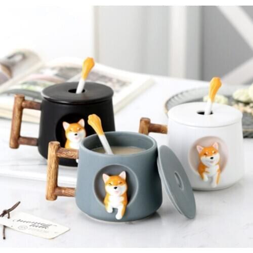 Modern cute cartoon animal Shiba Inu ceramic mug creative male and female couples drinking coffee cup with lid spoon LX122803