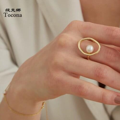 Tocona Elegant Pearl Stone Joint Ring for Women Men 2021 Fashion Gold Color Alloy metal Geoemtric Party Jewelry Gift 17226