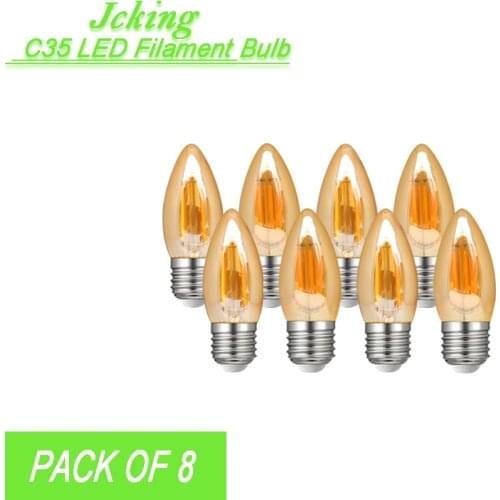 Pack of 100 JCKing Dimmable 2W/4W/6W/8W E26/E27 LED Filament Bulbs Candle tip LED Amber Bulb LED Antique Chandelier