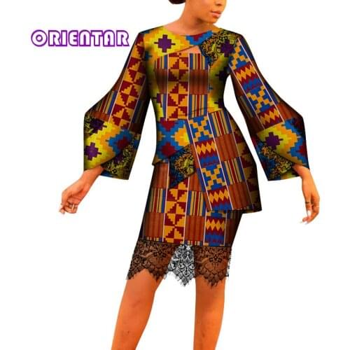 Fashion African Dresses Women African Print Patchwork Dress with Lace Bazin Riche Africa Clothing Short Ankara Dress WY8054
