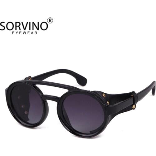 SORVINO Classic PU Leather Frame Punk Sunglasses for Men Brand Design Steampunk Round Red Eyewear Women Rivet Button Sun Glasses