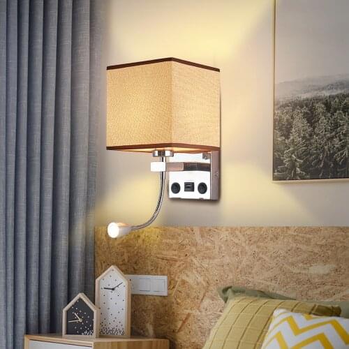 Wall Lamp Aluminnum 85-265V AC Wall Light USB White Beige Fabrics Shade For Bedroom Home Decor Indoor Lighting