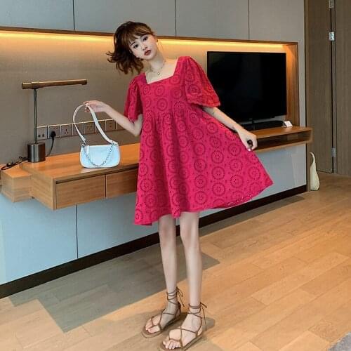 New Maternity Clothes Summer Red fashion lace Short Sleeve Easy Matching Loose Stylish Dress for Pregnant Women Mom Dress