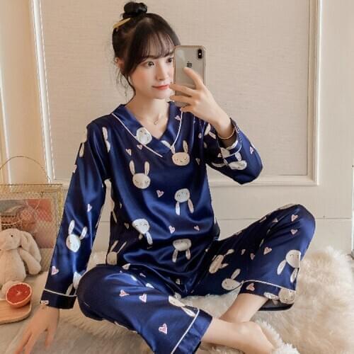 Age season v-neck simulation silk pajamas lady leisure long-sleeved pants ice silk hot style leisure wear suits A womans pajama