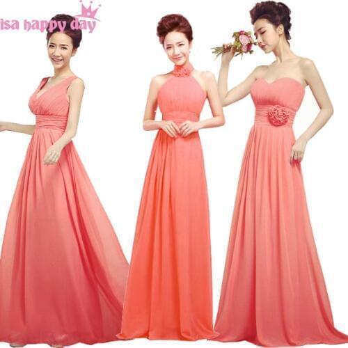 Bridesmaid braids made dresses special occasion beautiful floor long elegant chiffon party gowns watermelon coral color dress