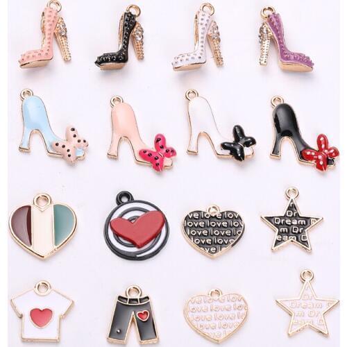 10Pcs Enamels High Heels Charms Bow Shoes Clothing Heart Star Pendants Fit Making Necklaces Earrings Jewelry Accessory Wholesale