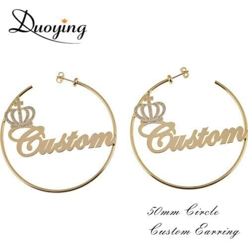 Duoying Zircon Crown Name Earrings Hoop Custom Name Earrings Round Personalized Custom Name Princess Crown Earring