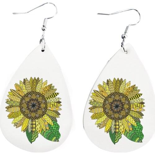 Earrings -Sunflower Faux Leather Teardrop Bulk Order Wholesale