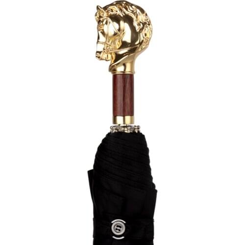 Horse Head Folding Umbrella Metal Gold Sun Umbrella Rain Women Men Business Animal Head Retro Rain Umbrellas Ombrello Gift SY417