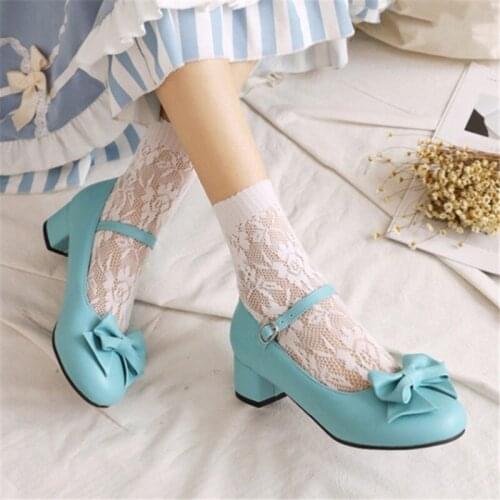 PXELENA 7 Colors Sweet Girls Lolita Mary Janes Shoes BowKnot Med Heels 2021 Spring Fall Princess Party Student Pumps Women 34-48