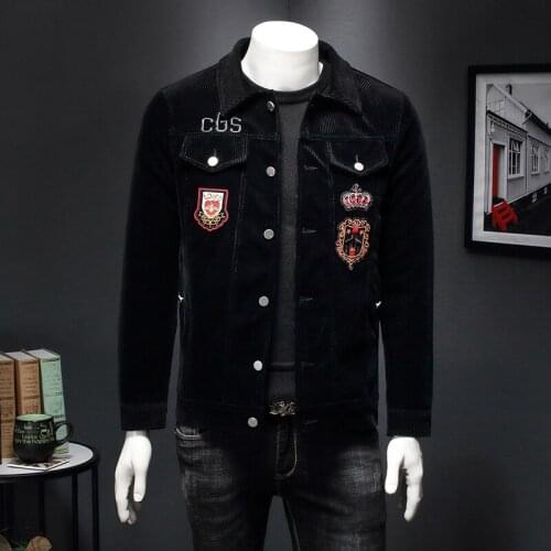 Corduroy Jackets Crown Black Embroidered Design Pockets Winter New Parkas Outdoor Thick Warm Mens Coats 99178