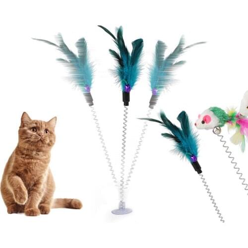 Spring Pet Toy Mouse Elastic with Bell Spring Feather Color Mouse and Bottom Sucker Cat Interactive Scratch Bite Pet Cat Toy
