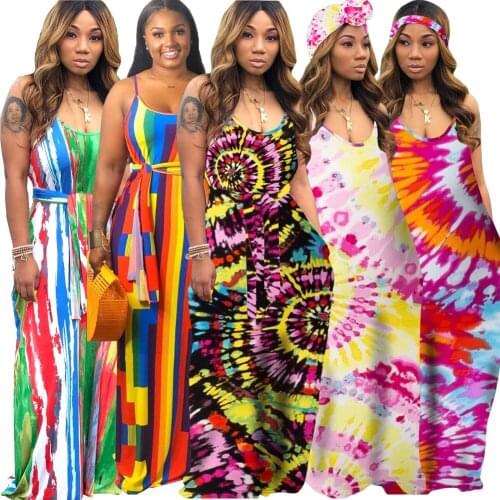 CM.YAYA Women Tie Dye Black Hole With Headscarf Long Maxi Dress Spaghetti Strap Loose Beach Female Elegant Dresses Vestidos