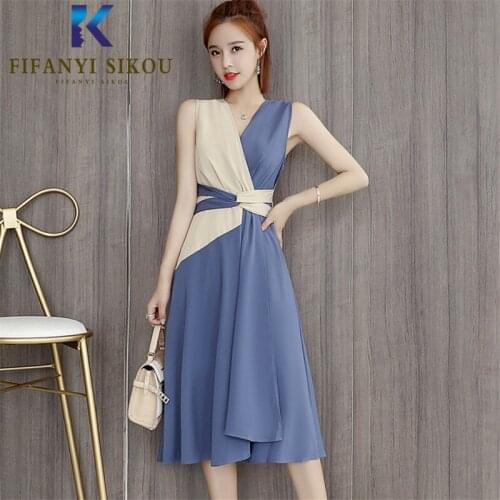 2020 New Summer Women Plus Size Dress V-Neck Sleeveless Patchwork Midi Long Dress Ladies Fashion Lace up Elegant Party Dress