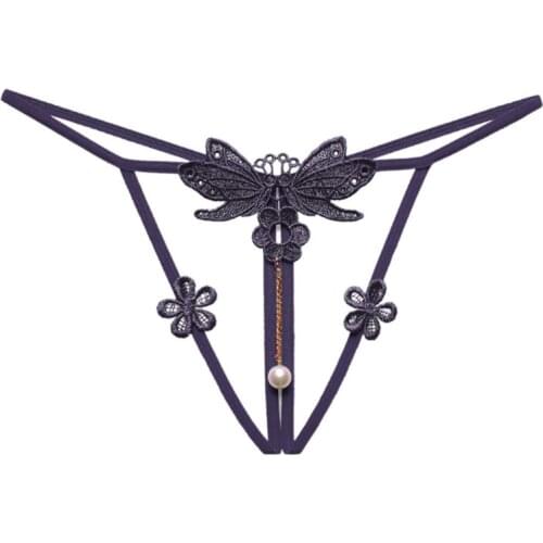 Women Sexy Crotchless Lingerie Pearl Pendant Embroidery Floral Underwear Panties