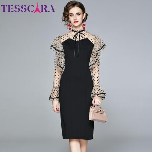 TESSCARA Women Elegant Mesh Dress Festa High Quality Office Cocktail Party Robe Femme Vintage Ruffle Designer Pencil Vestidos