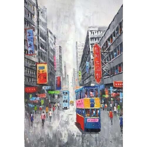 100%Hand Painted Canvas Knife Oil Painting Abstract Hong Kong Trams Street Canvas Painting Wall Art Picture for Home Decoration
