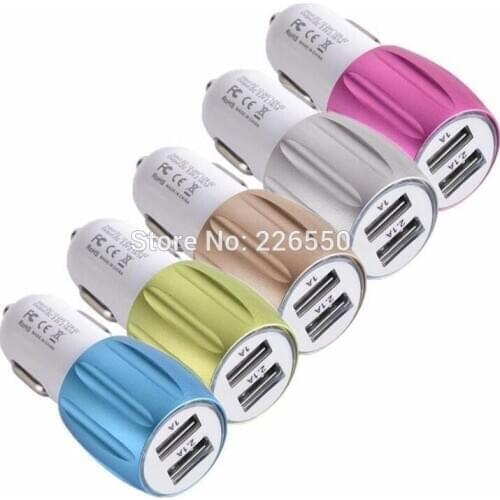 200pcs Colorful Metal Aluminum Alloy Dual usb ports 2.1A+1A Usb car charger adapter for phone x 8 7 for samsung s6 s7 s8
